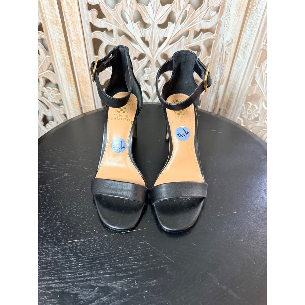 Vince Camuto Black Leather Ankle Strap Block Heel Sandals Womens 7.5 M VC-KIMINA - Picture 2 of 8